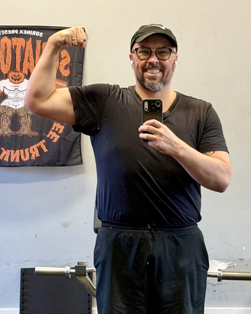 Founder flexing in a gym mirror on October 13, after